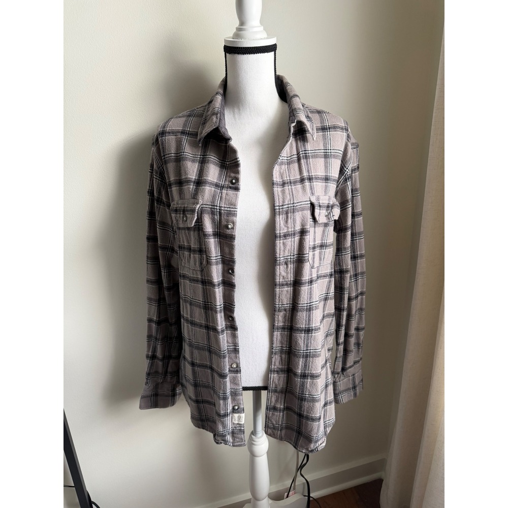 PD&C Mens Large Grey Tan Plaid Flannel Long Sleeve Button Front Cotton Shirt
